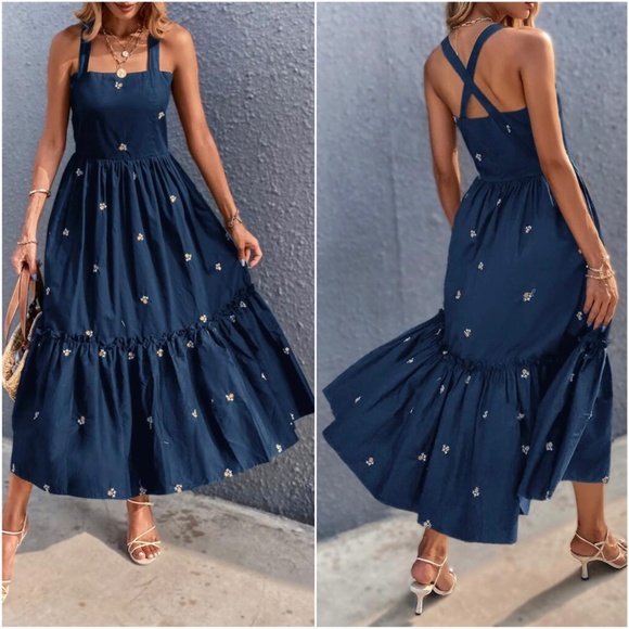 BellanBlue Dresses & Skirts - Boho Navy Blue Embroidered Floral Criss Cross Ruffle Dress